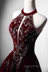 Wine Red Velvet Beaded Halter Long Formal Dresses, A-Line Velvet Evening Prom Dresses