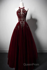 Wine Red Velvet Beaded Halter Long Formal Dresses, A-Line Velvet Evening Prom Dresses