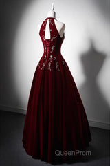 Wine Red Velvet Beaded Halter Long Formal Dresses, A-Line Velvet Evening Prom Dresses