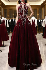 Wine Red Velvet Beaded Halter Long Formal Dresses, A-Line Velvet Evening Prom Dresses