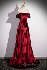Wine Red Velvet Floor Length Long Formal Dresses, A-Line Velvet Bridesmaid Dresses