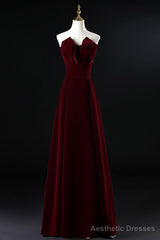 Wine Red Velvet Floor Length Long Prom Dress, Dark Red Party Dress