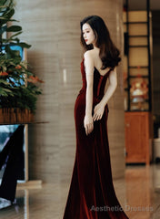 Wine Red Velvet Long Formal Dress Evening Dress, Wine Red Prom Dress