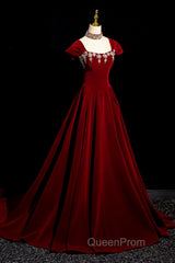 Wine Red Velvet Long Formal Dresses With Beadings, Wine Red Evening Prom Dresses