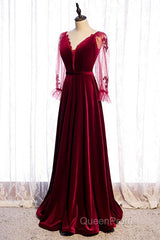 Wine Red Velvet Long Party Dresses Evening Prom Dresses, A-Line Long Sleeves Formal Dresses