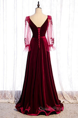 Wine Red Velvet Long Party Dresses Evening Prom Dresses, A-Line Long Sleeves Formal Dresses