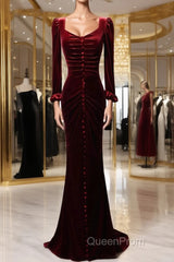 Wine Red Velvet Long Sleeves Mermaid Long Evening Prom Dresses, Wine Red Evening Dresses