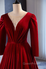 Wine Red Velvet Long Sleeves See Through Evening Prom Dresses, Wine Red Wedding Party Dresses