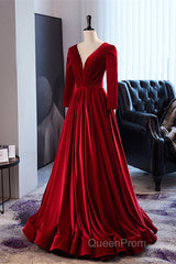 Wine Red Velvet Long Sleeves See Through Evening Prom Dresses, Wine Red Wedding Party Dresses