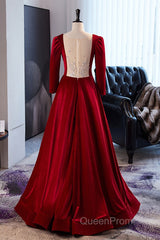 Wine Red Velvet Long Sleeves See Through Evening Prom Dresses, Wine Red Wedding Party Dresses