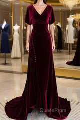 Wine Red Velvet Long Wedding Party Dresses With Leg Slit, Wine Red Formal Dresses