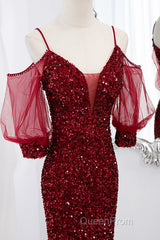 Wine Red Velvet Mermaid Long Party Dresses, Wine Red Vekvet Evening Prom Dresses