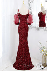 Wine Red Velvet Mermaid Long Party Dresses, Wine Red Vekvet Evening Prom Dresses