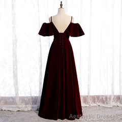 Wine Red Velvet Off Shoulder Floor Length Party Dress, Velvet Junior Prom Dress