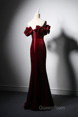 Wine Red Velvet Off Shoulder Mermaid Long Evening Prom Dresses, Long Lace-Up Evening Dresses