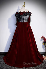 Wine Red Velvet Off Shoulder Party Dresses With Bow, Wine Red Velvet Long Evening Prom Dresses
