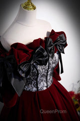 Wine Red Velvet Off Shoulder Party Dresses With Bow, Wine Red Velvet Long Evening Prom Dresses