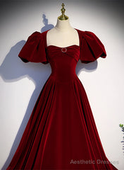 Wine Red Velvet Puffy Sleeves Long Party Dress, Wine Red Long Prom Dress