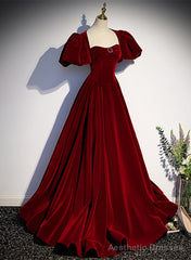 Wine Red Velvet Puffy Sleeves Long Party Dress, Wine Red Long Prom Dress