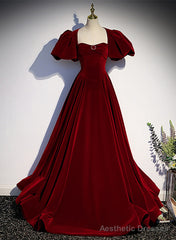 Wine Red Velvet Puffy Sleeves Long Party Dress, Wine Red Long Prom Dress