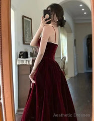 Wine Red Velvet Straps Long Evening Dress, Wine Red Velvet Prom Dress