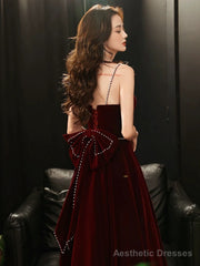 Wine Red Velvet Straps Long Party Dress with Bow, Wine Red Prom Dress