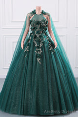 Womens Beaded Applique Tulle Emerald Green Prom Ball Gowns Quinceanera Dress A-Line Wedding Bridesmaid Eveniing Dresses