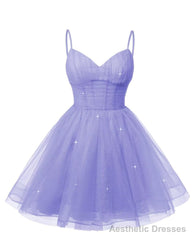 Womens V Neck Tulle Spaghetti Straps Lavender Homecoming Dresses with Corset Back Short Prom Gowns for Teens