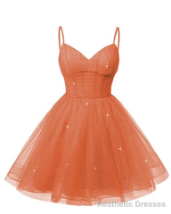 Womens V Neck Tulle Spaghetti Straps Orange Homecoming Dresses with Corset Back Short Prom Gowns for Teens
