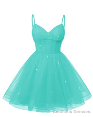 Womens V Neck Tulle Spaghetti Straps Turquoise Homecoming Dresses with Corset Back Short Prom Gowns for Teens