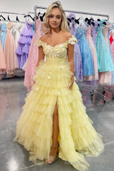 Yellow 3D Floral Lace Off-the-Shoulder Ruffle Tiered Prom Gown