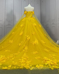 Yellow 3D Flowers Ball Gown Dresses With Cape
