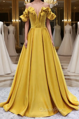 Yellow A-line Satin Long Evening Prom Dresses, Yellow Formal Dresses