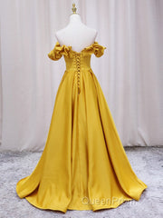 Yellow A-line Satin Long Evening Prom Dresses, Yellow Formal Dresses