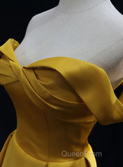 Yellow A-Line Simple Satin Off Shoulder Evening Prom Dresses, Yellow Satin Formal Dresses