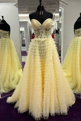 Yellow A-Line Strapless Multi-Layers Sweetheart Tulle Beaded Long Evening Prom Dresses With Slit