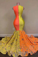 Yellow and Orange Mermaid Evening Prom Dresses Lace Long On Sale