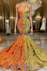 Yellow and Orange Mermaid Evening Prom Dresses Lace Long On Sale