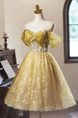 Yellow Floral Tulle Knee Length Evening Prom Dresses, Lovely A-Line Evening Party Dresses