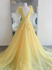 Yellow Long A-line V Neck Lace Tulle Backless Formal Graduation Evening Prom Dresses