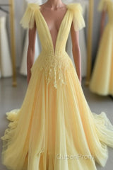 Yellow Long A-line V Neck Lace Tulle Backless Formal Graduation Evening Prom Dresses