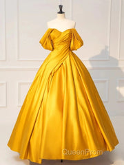 Yellow Off Shoulder Satin Long Evening Prom Dresses Quinceanera Dresses
