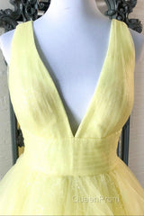 Yellow Evening Prom Dresses A Line Deep V Neck Light Long Party Evening Dresses with Ruffles