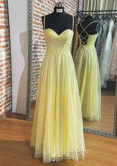 Yellow Evening Prom Dresses, A-line Sweetheart Spaghetti Straps Long/Floor-Length Tulle Evening Prom Dresses With Pleated Glitter