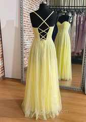 Yellow Evening Prom Dresses, A-line Sweetheart Spaghetti Straps Long/Floor-Length Tulle Evening Prom Dresses With Pleated Glitter