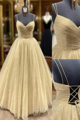 Yellow Evening Prom Dresses, V Neck Sleeveless Long/Floor-Length Tulle Ball Gown With Pleated Sequins
