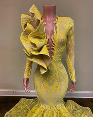 Yellow Robe De Soiree Mermaid Long Sleeves Appliques Sequins Long Evening Prom Dresses Evening Prom Gown Evening Dresses