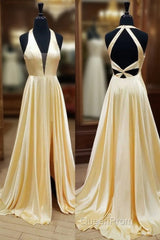 Yellow Satin Halter Backless A Line Evening Prom Dresses With Slit