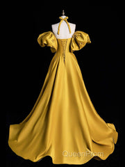 Yellow Satin Long Evening Prom Dresses, Off The Shoulder A-Line Evening Party Dresses