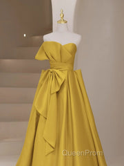 Yellow Satin Long Evening Prom Dresses, Yellow Evening Dresses